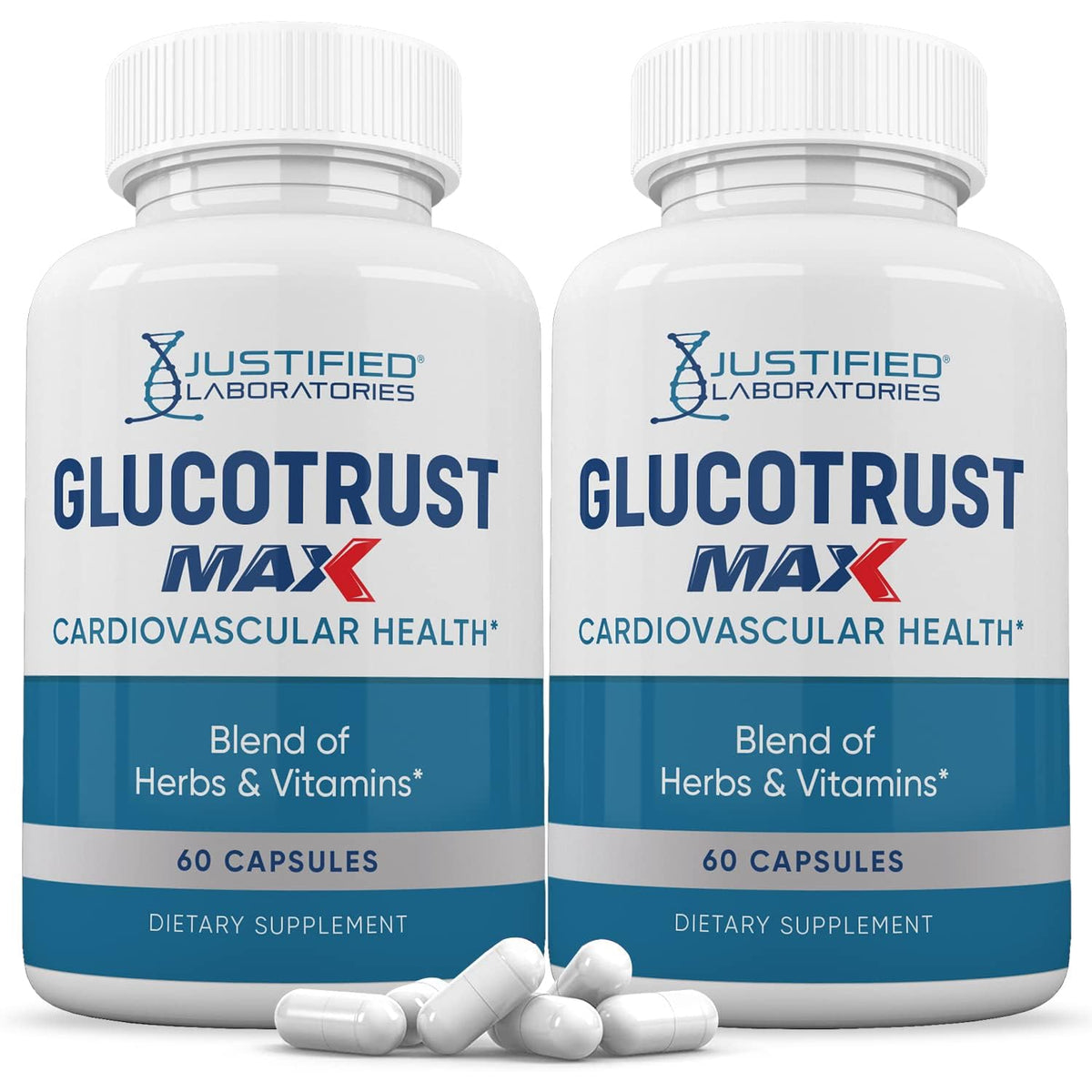 Justified Laboratories Glucotrust Max bottle with capsules for daily wellness support.