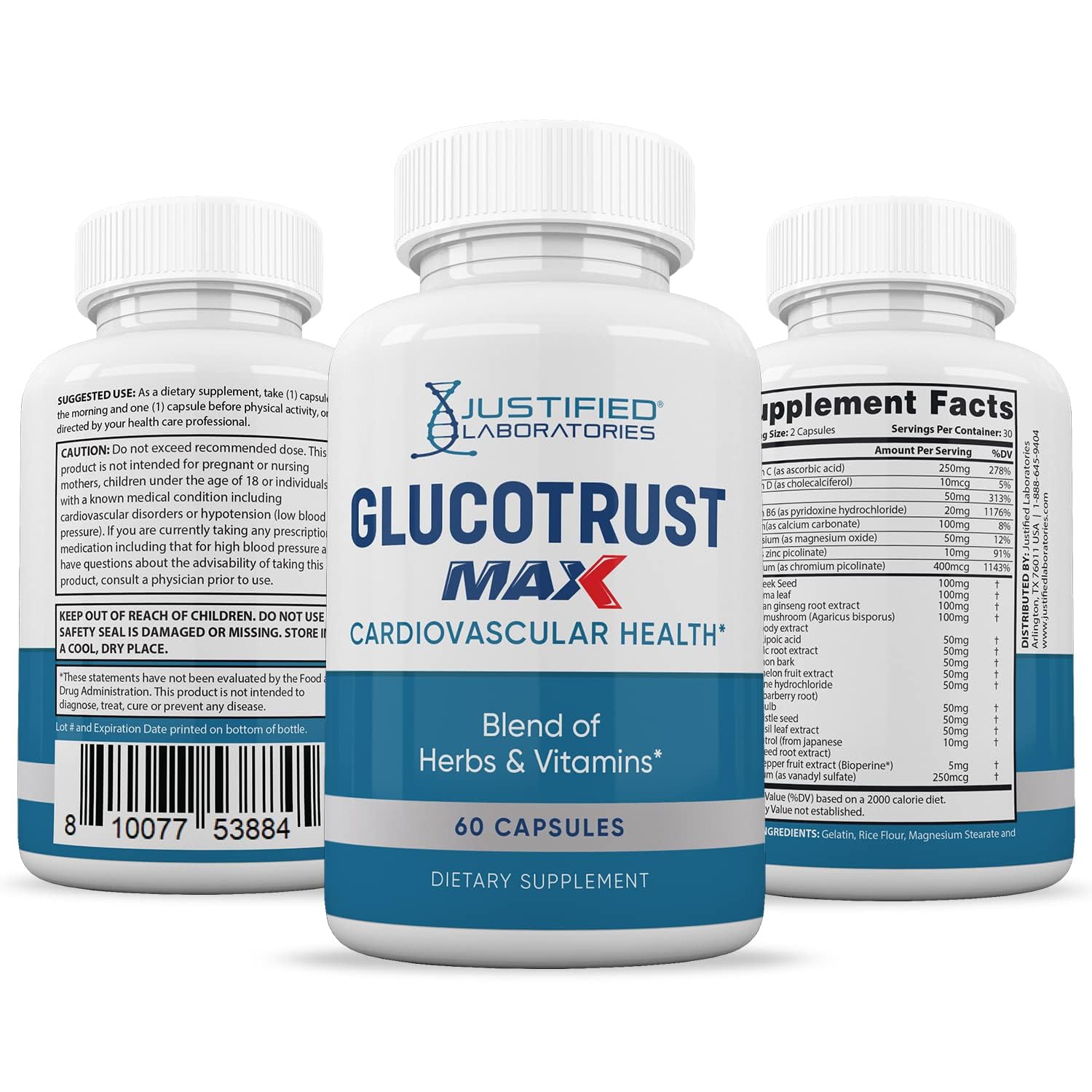 Justified Laboratories Glucotrust Max packaging emphasizes quality and reliable manufacturing.