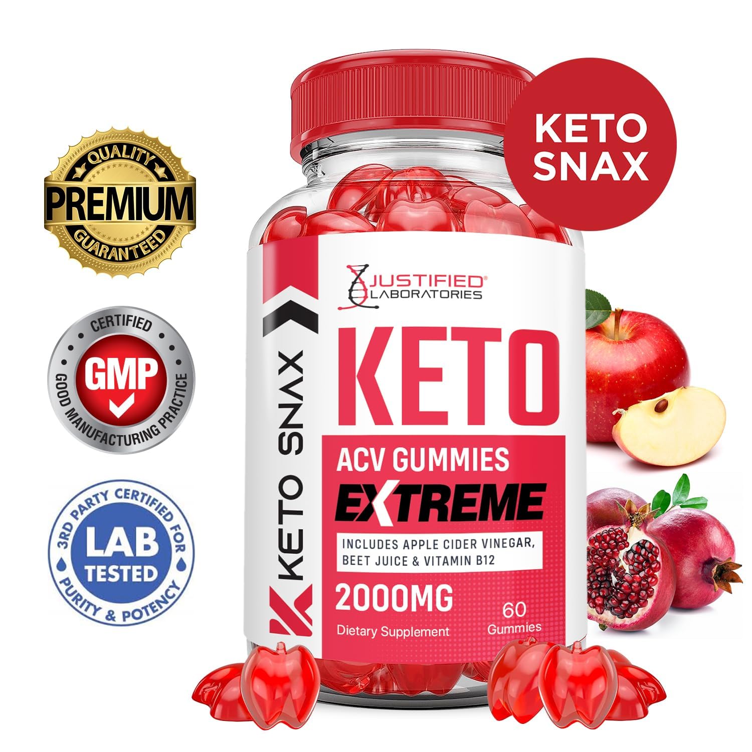 Justified Laboratories Keto ACV gummies bottle close-up highlighting vegan, non-GMO formula.
