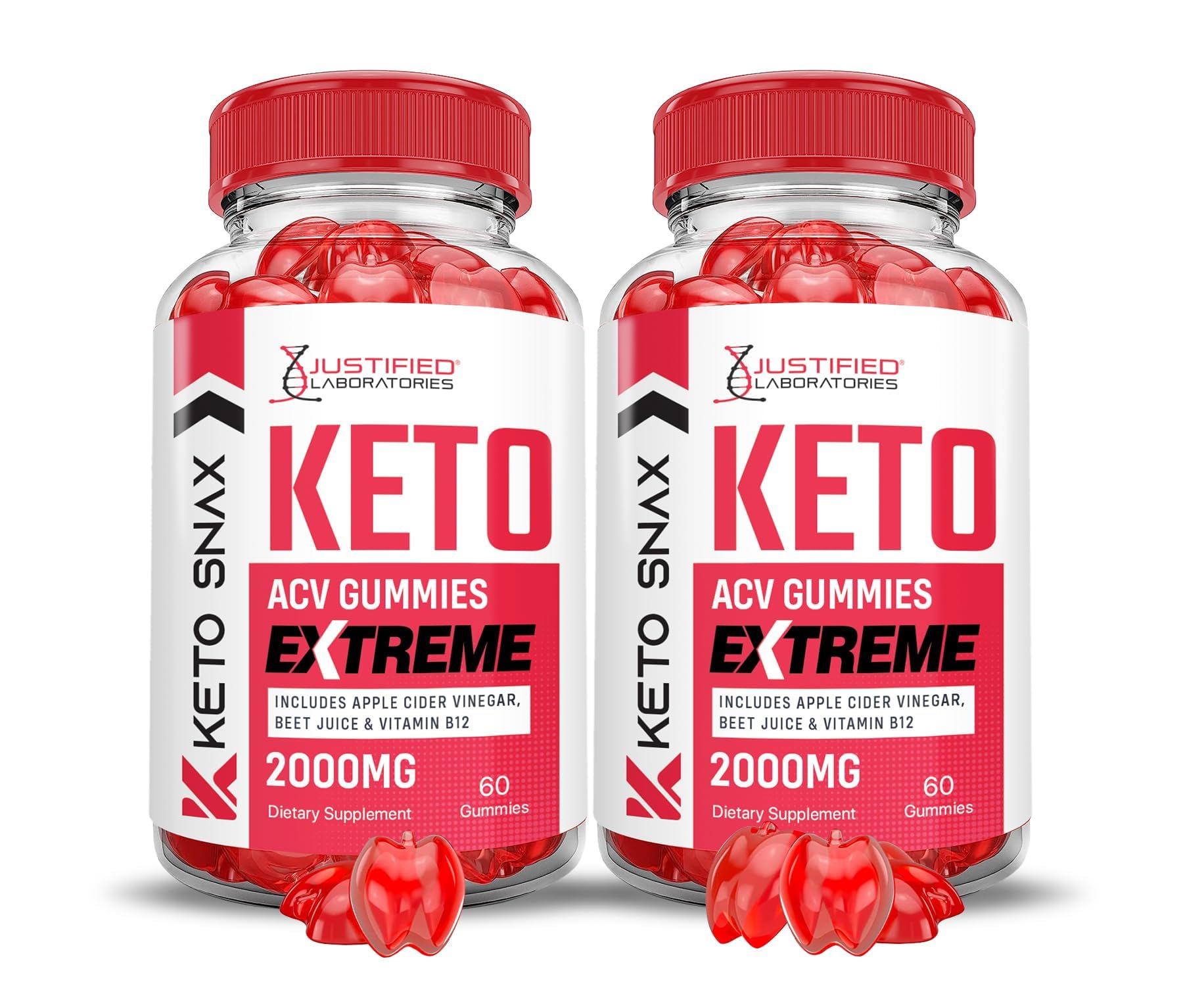 Justified Laboratories Keto ACV gummies two-pack front view for a convenient daily routine.