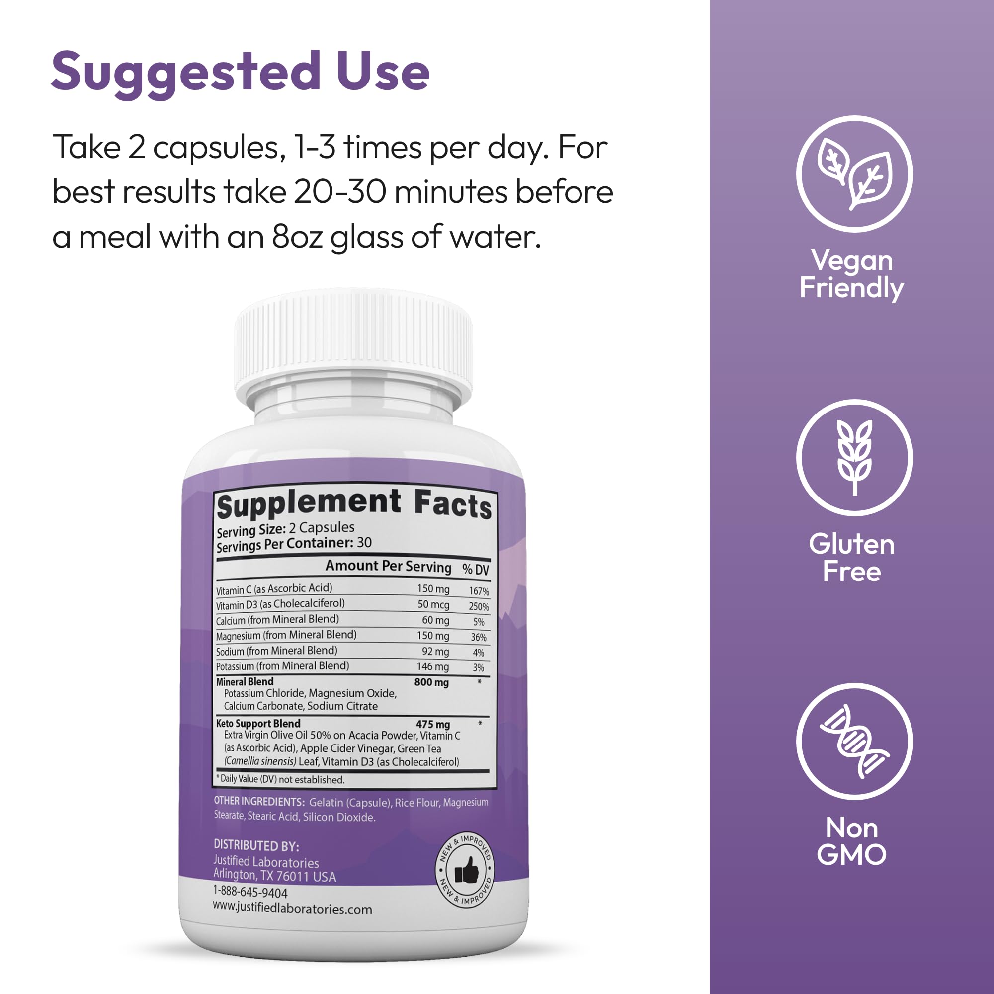 Justified Laboratories Keto Boost capsules closeup shows electrolyte-rich formula for ketosis support.