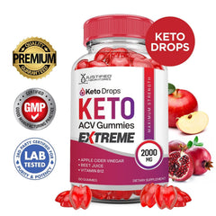 Justified Laboratories Keto Drops ACV Gummies Extreme 2000mg bottle label highlighting vegan, non-GMO features.