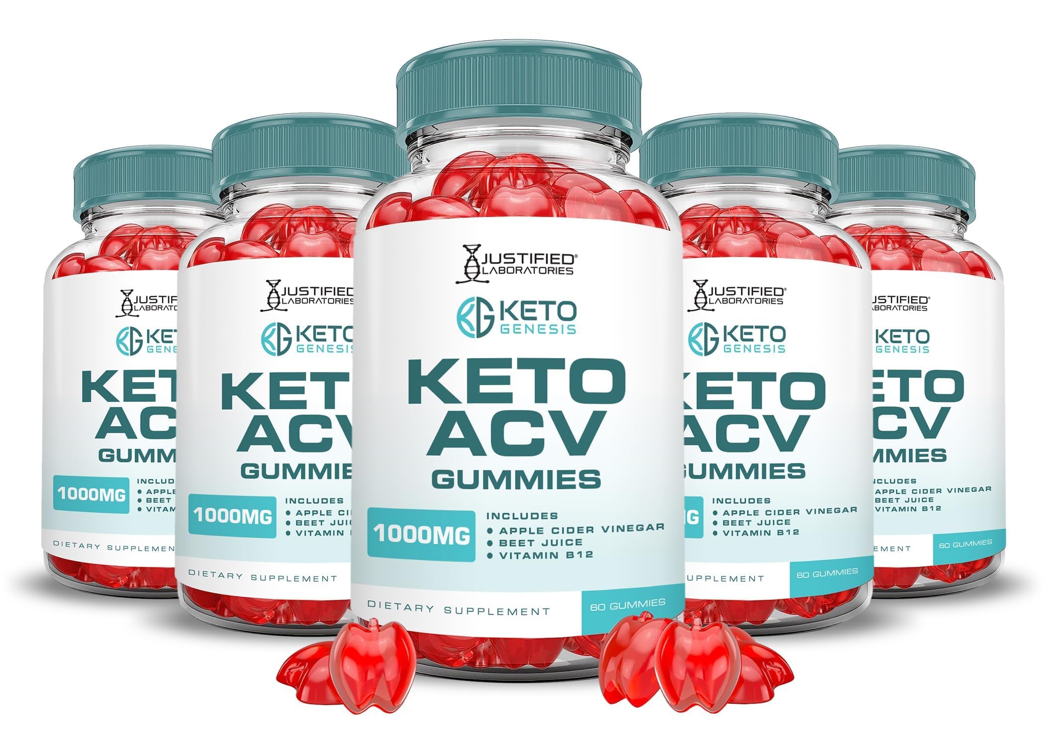 Justified Laboratories Keto Genesis gummies bottle with apple cider vinegar boosts daily wellness.