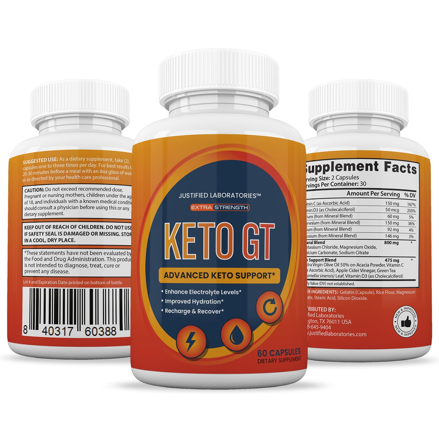Fresh bottle of Keto GT pills on a kitchen counter display