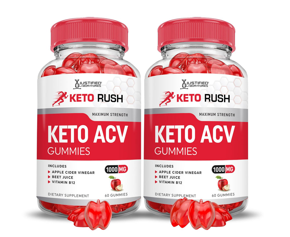 Justified Laboratories Keto Rush ACV Gummies 2-pack bundle on the shelf for easy daily use.
