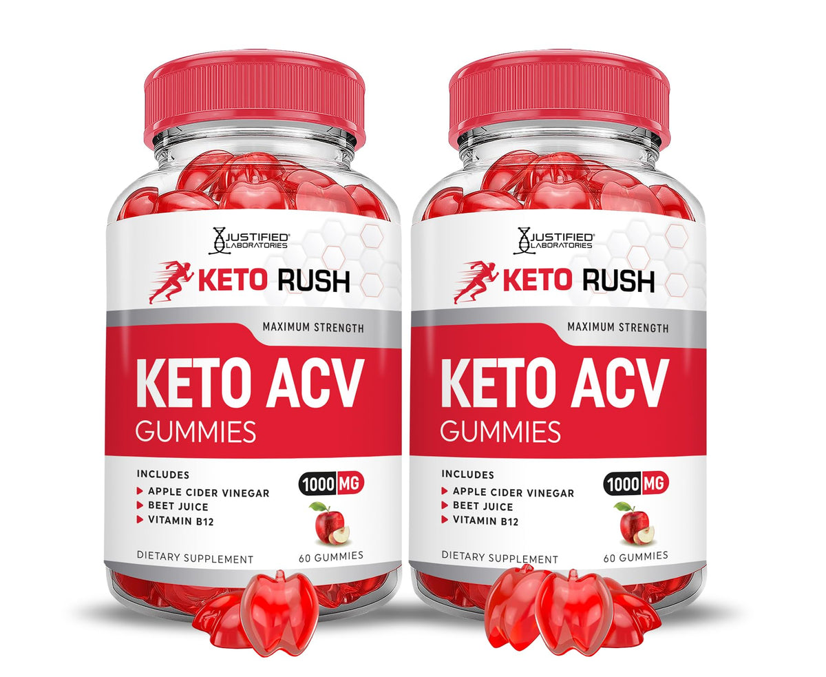 Justified Laboratories Keto Rush ACV Gummies 2-pack bundle on the shelf for easy daily use.