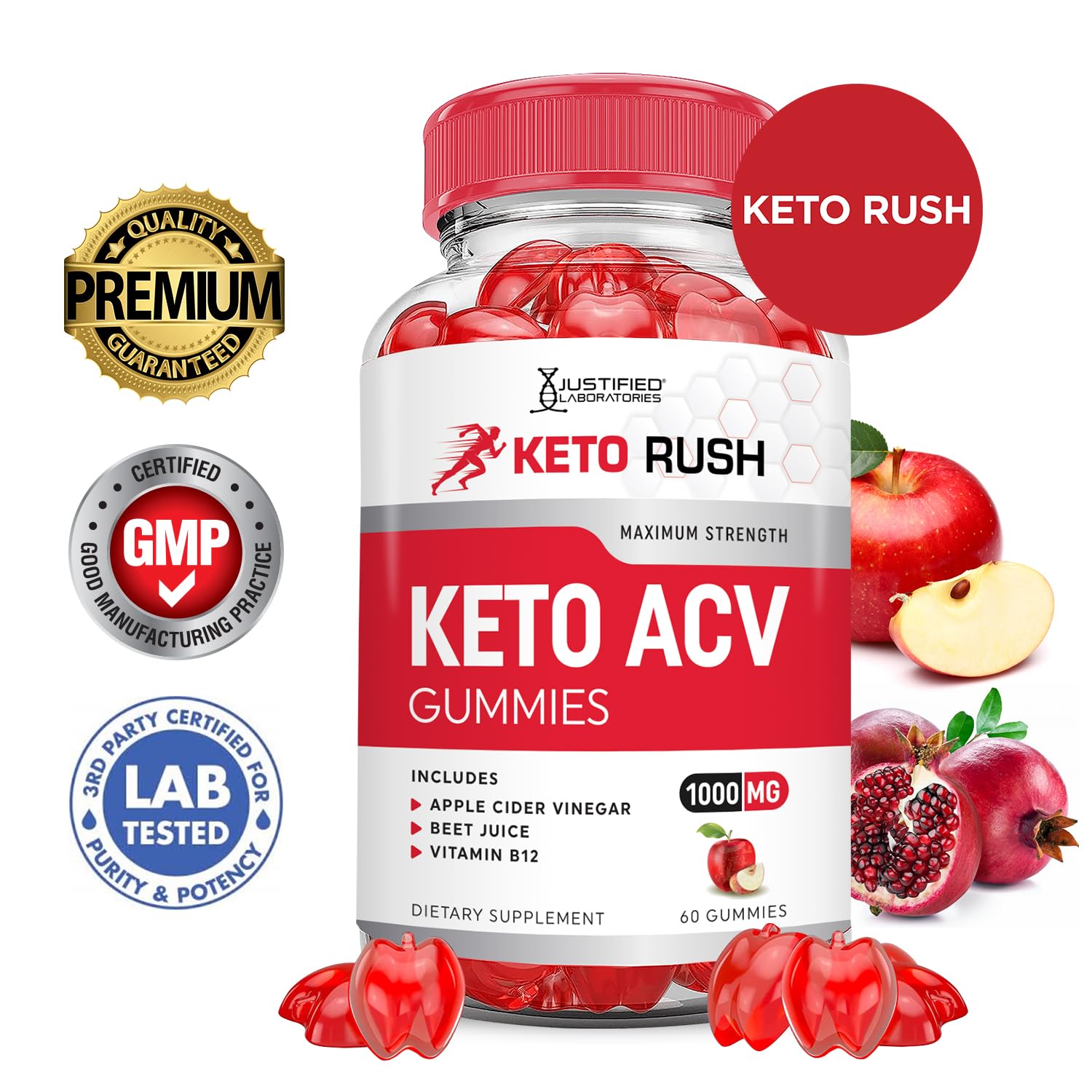 Justified Laboratories Keto Rush ACV Gummies close-up shows chewy texture and vibrant color.