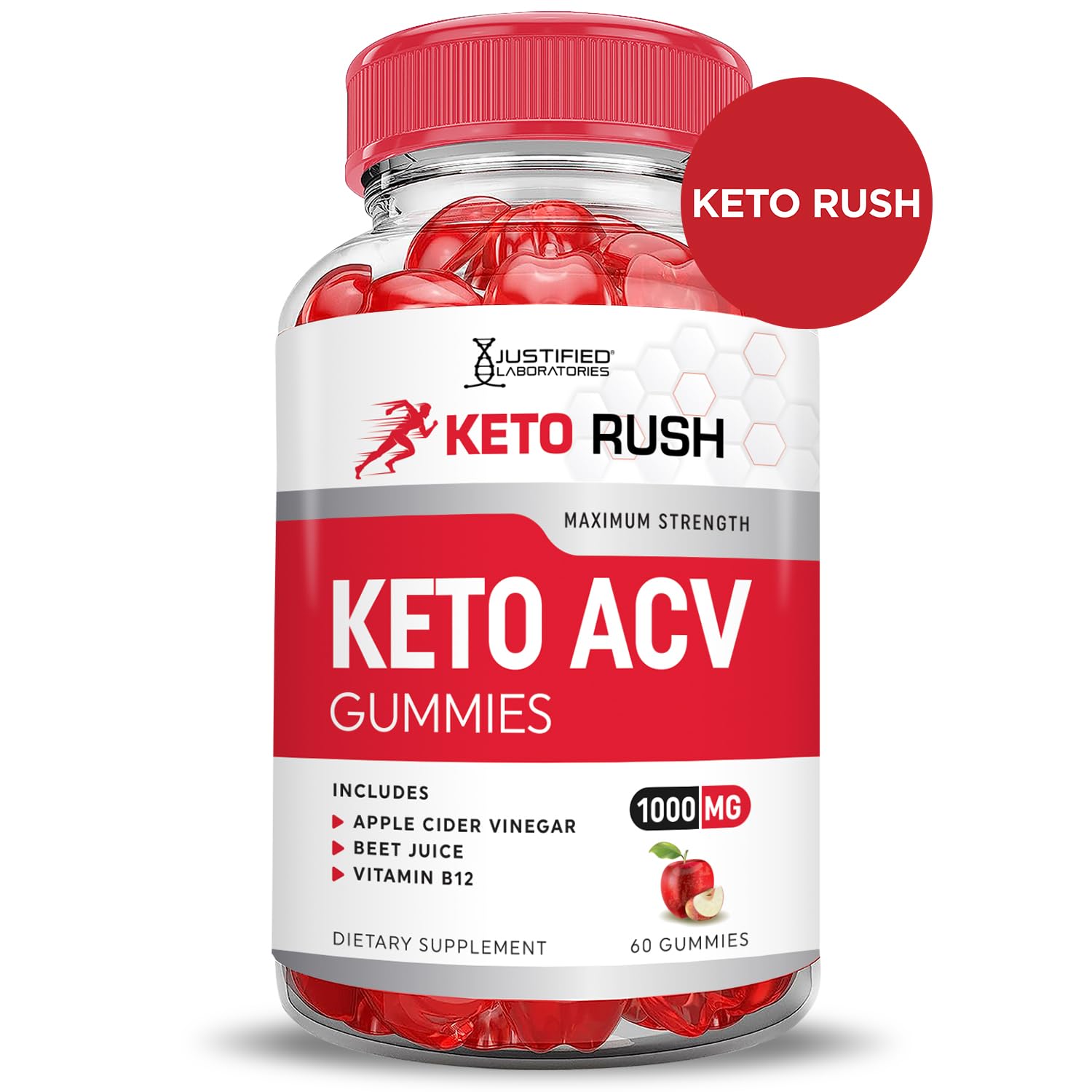 Justified Laboratories Keto Rush ACV Gummies with beet juice visuals suggest natural flavor.
