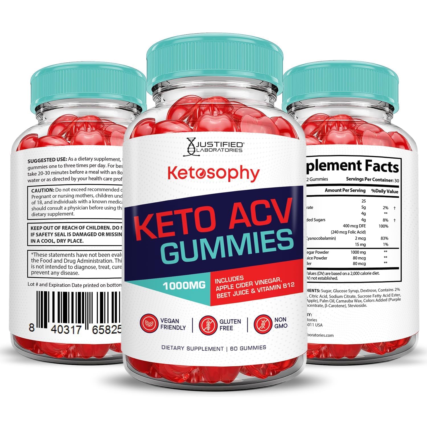 Justified Laboratories Ketosophy gummies vitamin B12 detail for daily energy support.