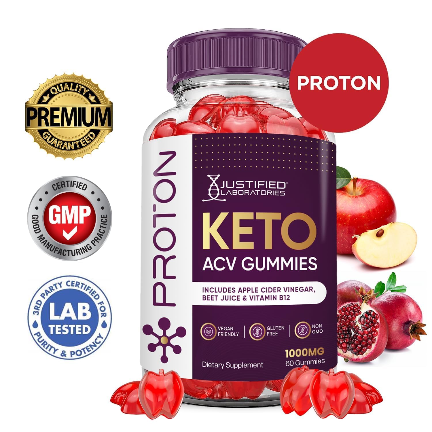 Justified Laboratories Proton Protein Keto ACV Gummies beet juice and pomegranate.