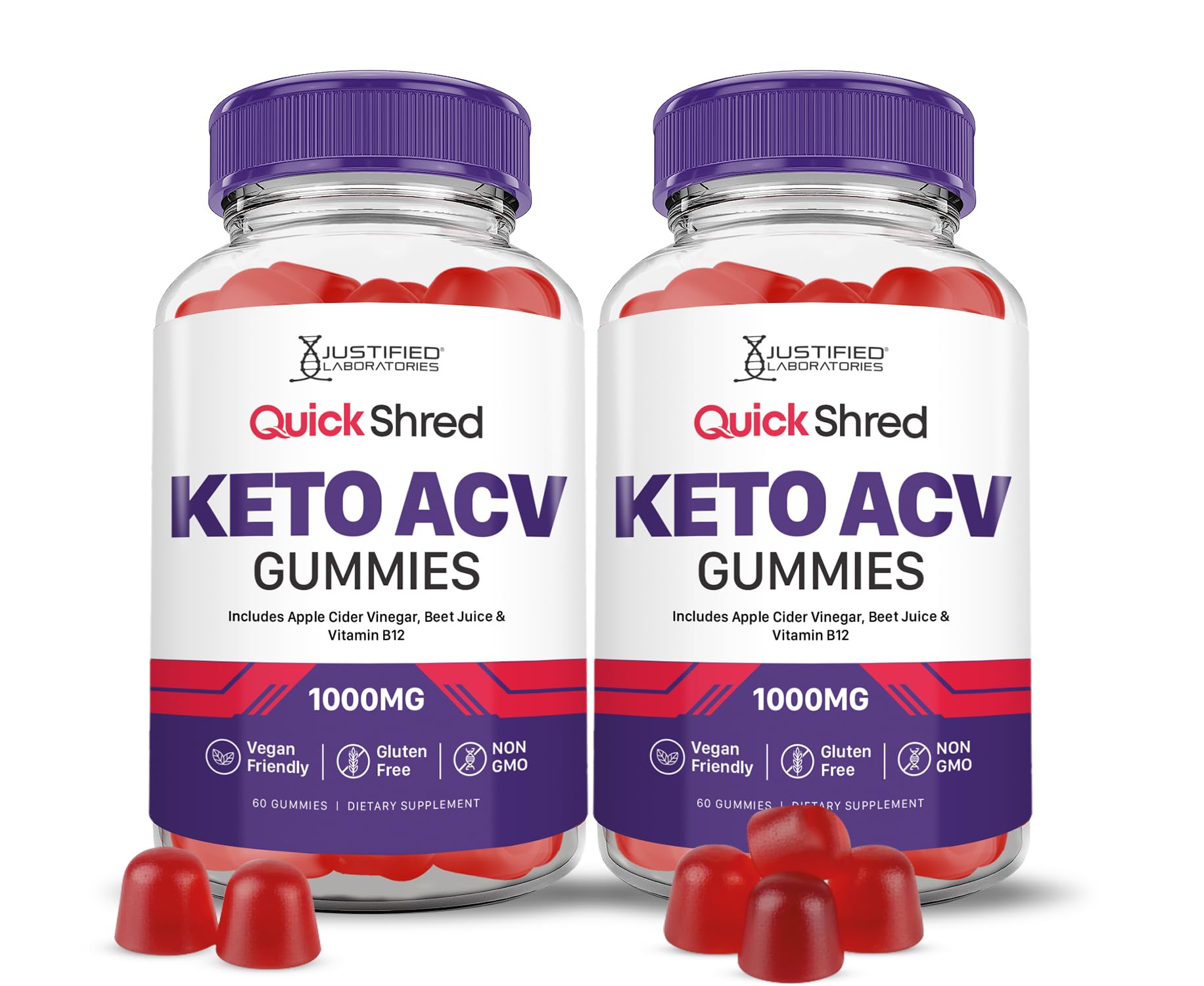 Justified Laboratories Quick Shred Keto ACV Gummies bottle on display, convenient daily wellness support with ACV and B12.