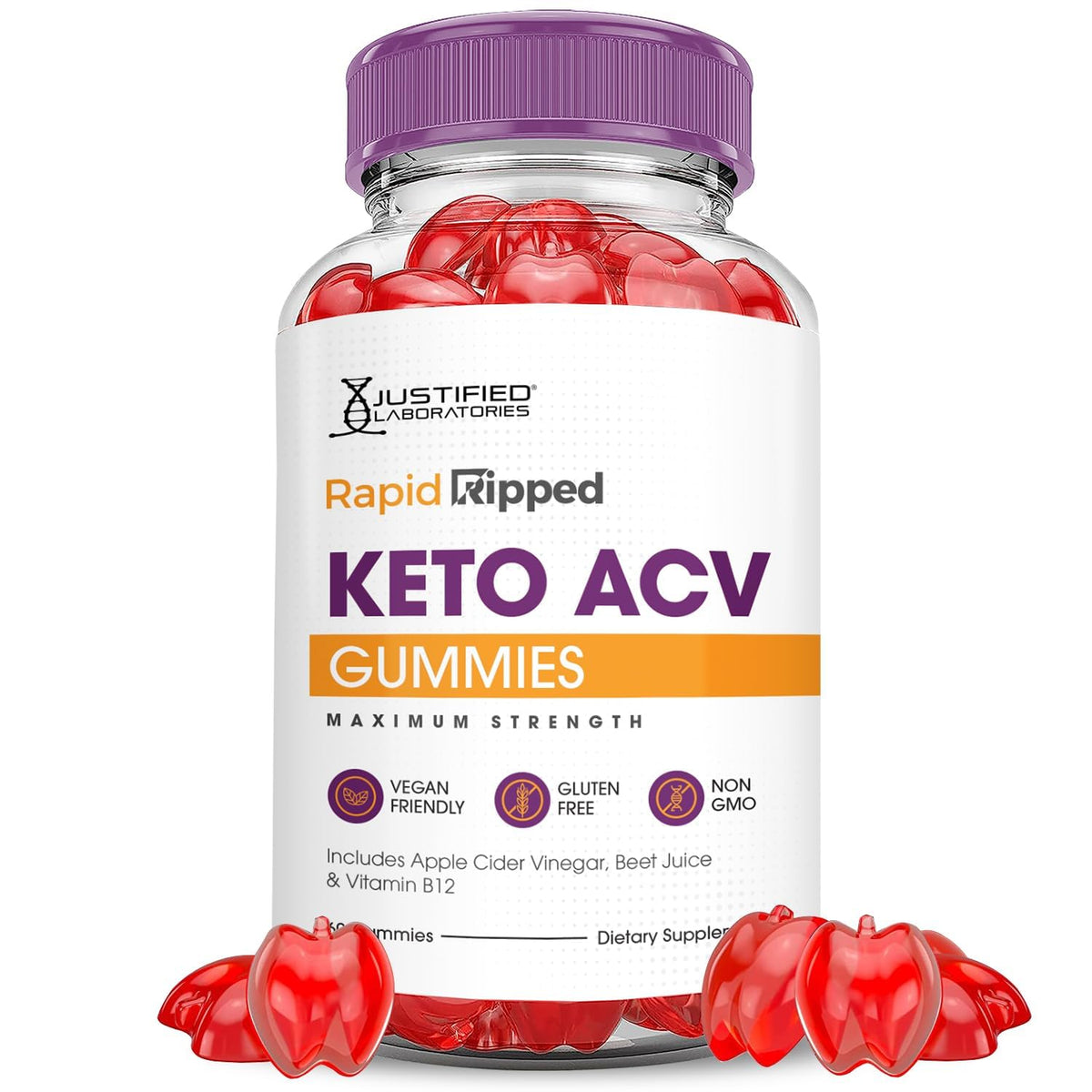Justified Laboratories Rapid Ripped Keto ACV gummies in bottle front for easy daily use