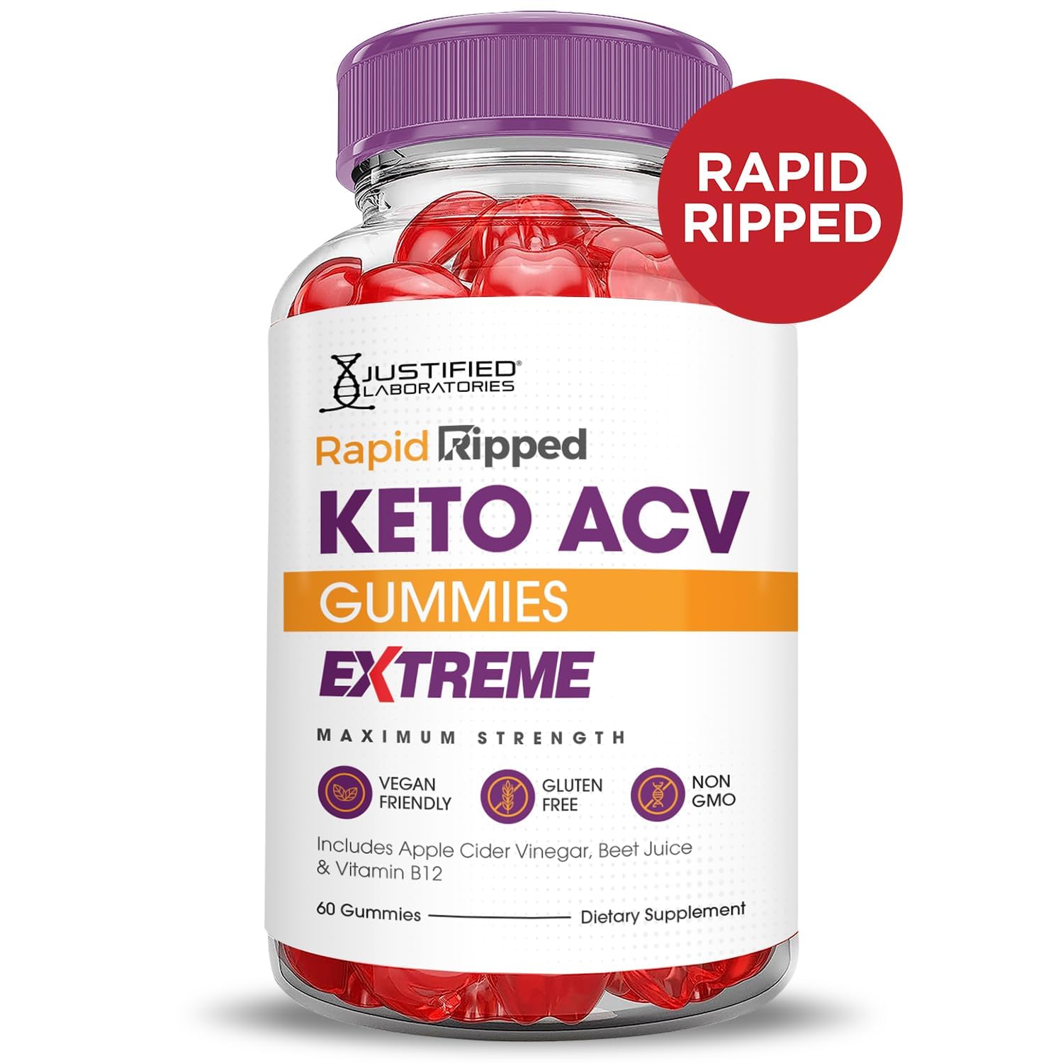 Justified Laboratories Rapid Ripped Keto ACV Gummies flavor profile delivers tangy apple cider with berry notes.