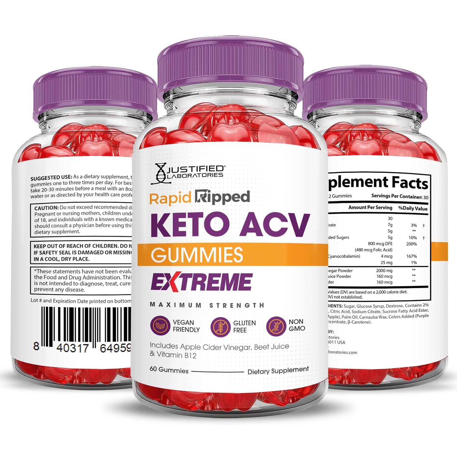 Justified Laboratories Rapid Ripped Keto ACV Gummies on-the-go packaging enables quick snacking.