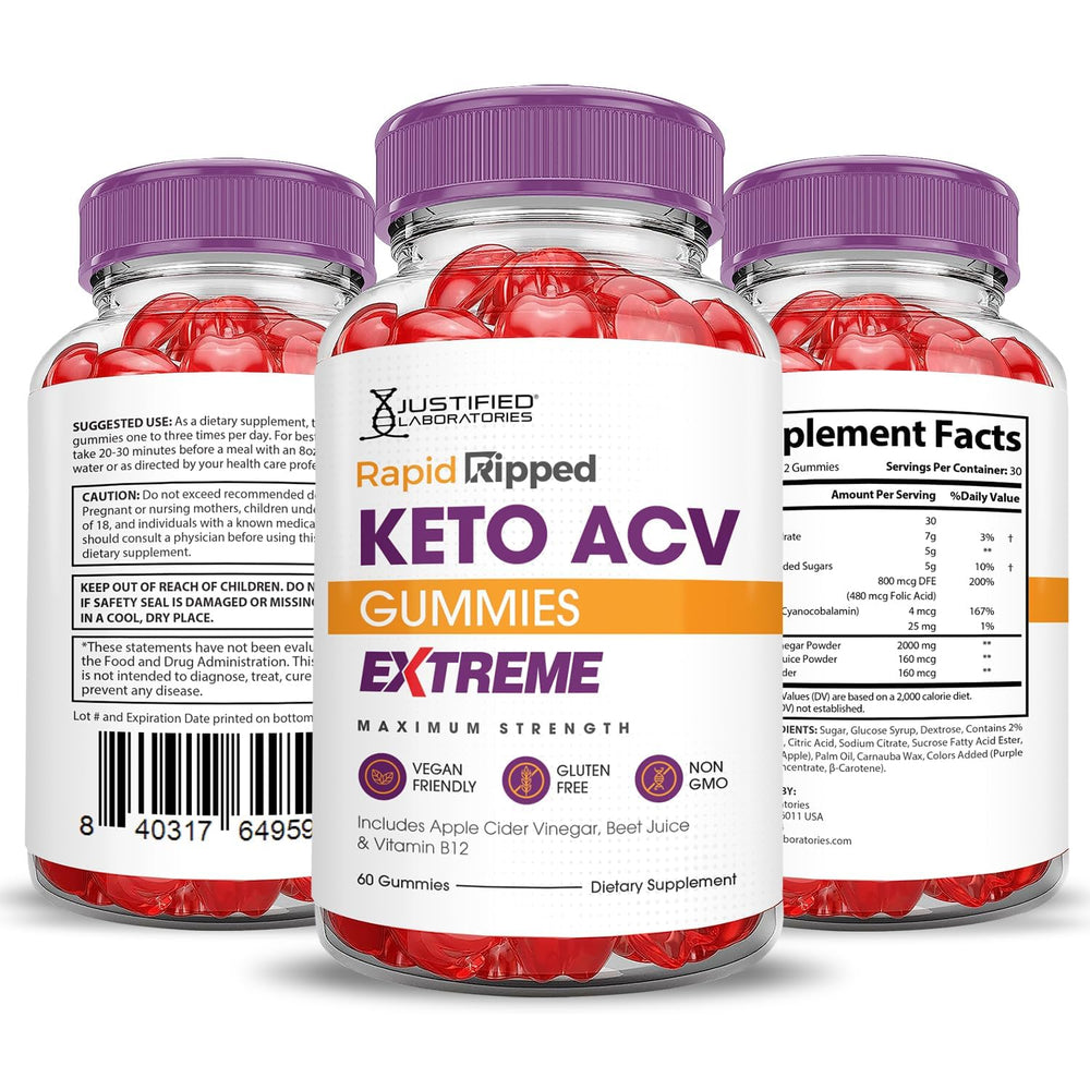 Justified Laboratories Rapid Ripped Keto ACV Gummies on-the-go packaging enables quick snacking.