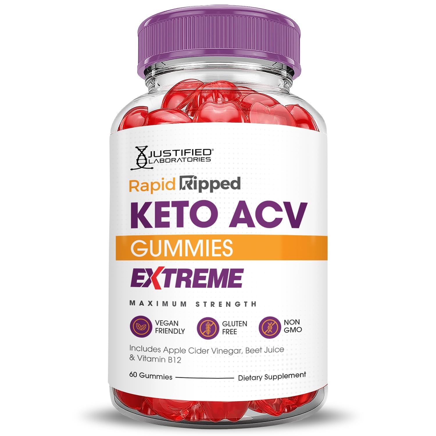 Justified Laboratories Rapid Ripped Keto ACV Gummies vegan non-GMO label appeals to dietary preferences.
