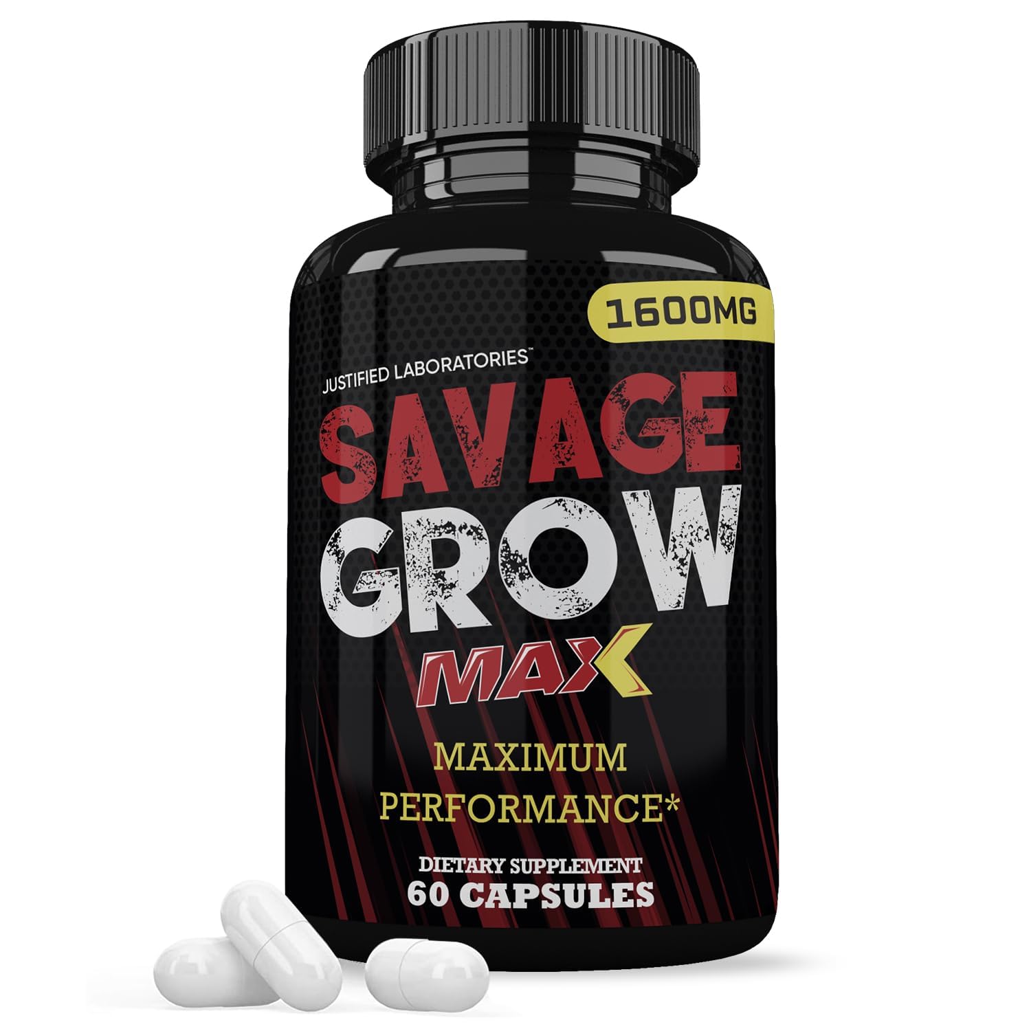 Justified Laboratories Savage Grow Max bottle front with 60 capsules for daily wellness.