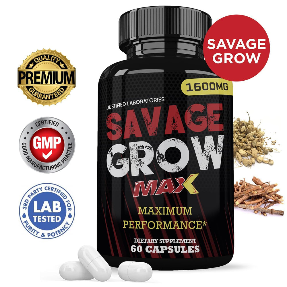 Justified Laboratories Savage Grow Max label close-up, vegan and gluten-free features on display.