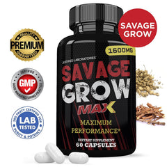 Justified Laboratories Savage Grow Max label close-up, vegan and gluten-free features on display.