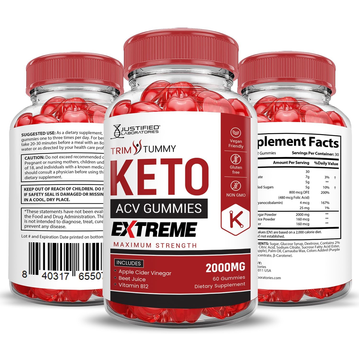 Justified Laboratories Trim Tummy gummies are vegan and non-GMO for dietary flexibility.