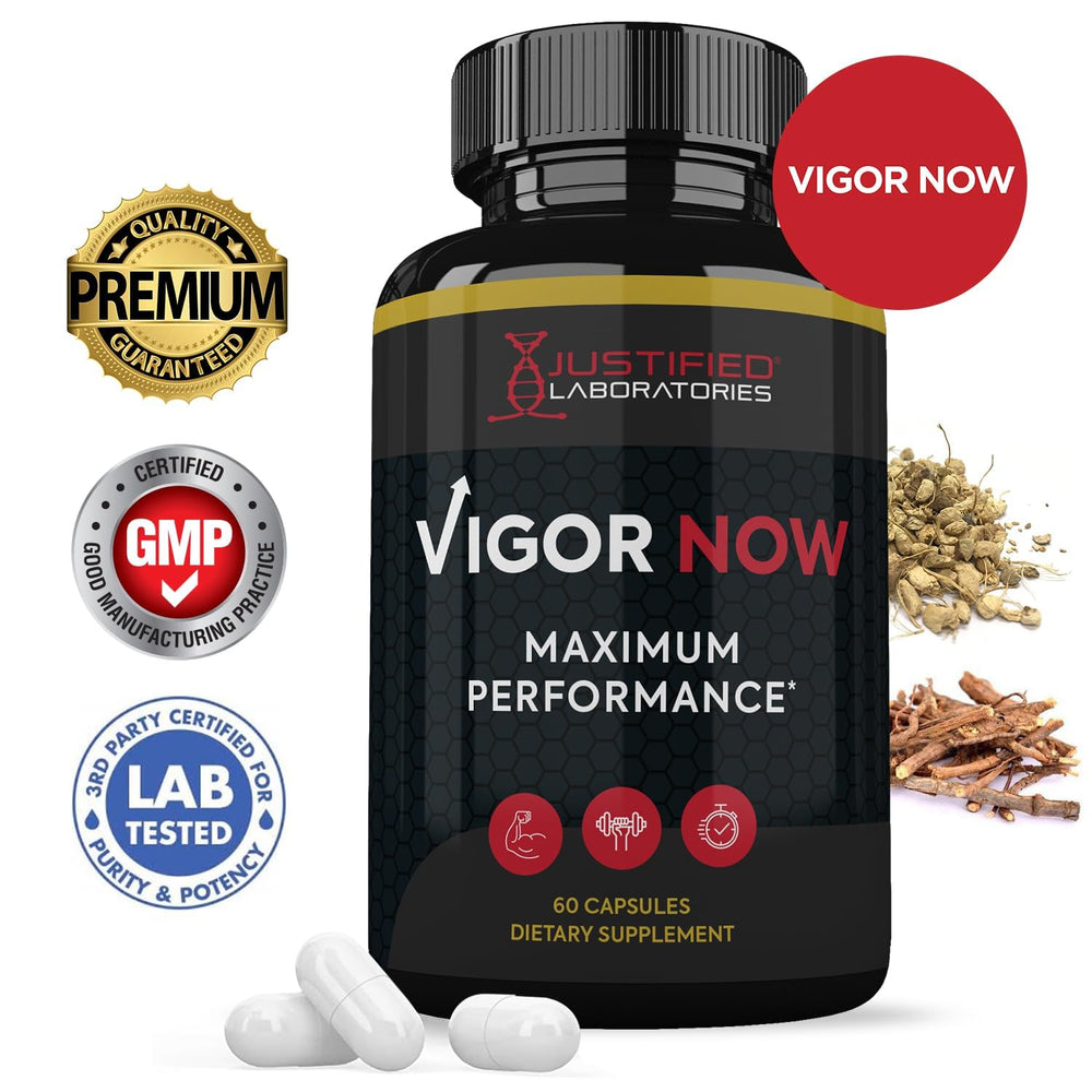 Front packaging of Justified Laboratories Vigor Now Max 1600MG product