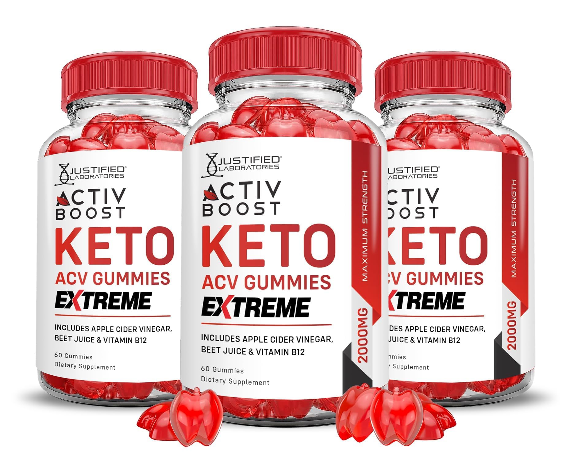 Justified Laboratories Activboost Gummies bottle shown, convenient daily keto-ACV support.