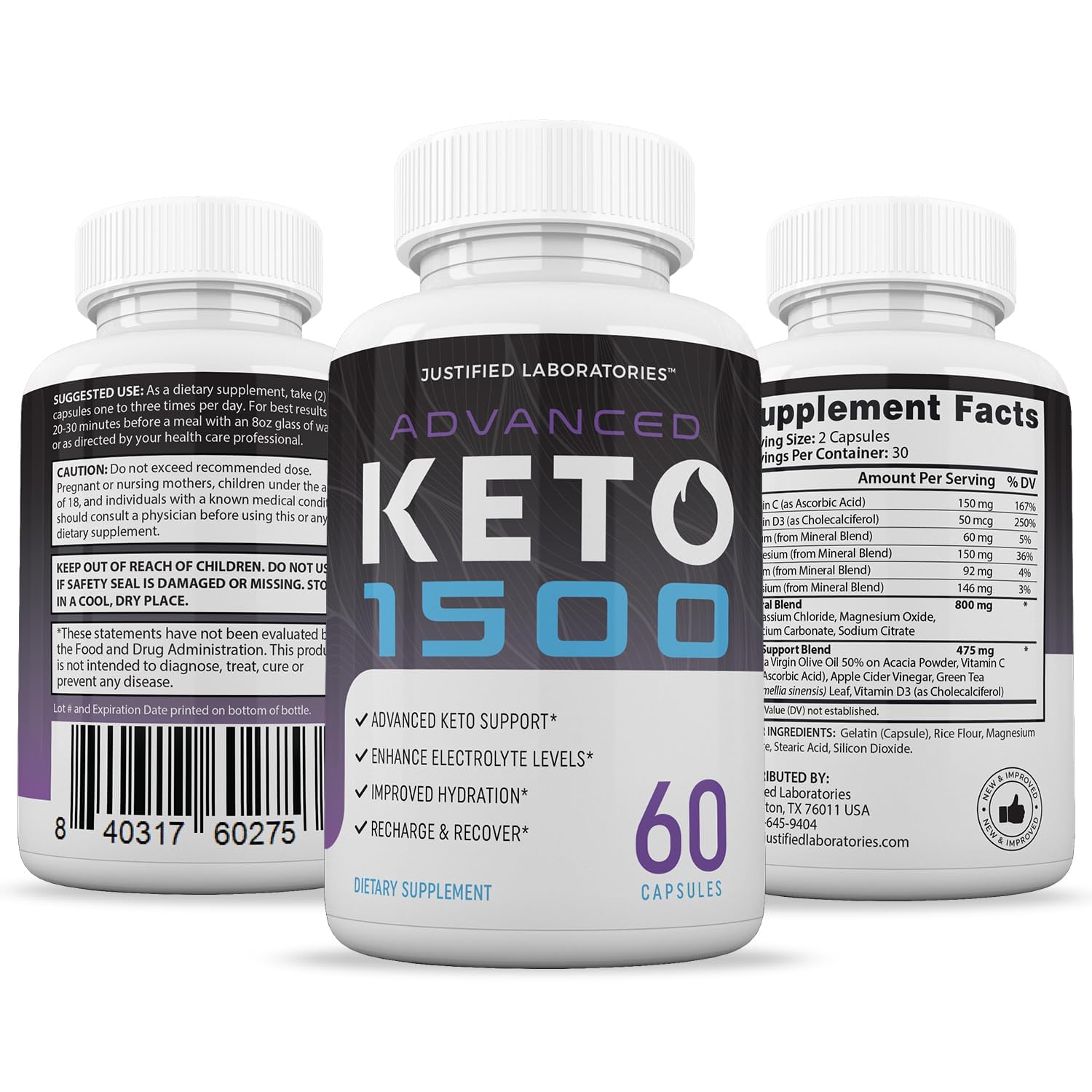 Justified Laboratories 60 veggie capsules packaging for 30‑day keto plan
