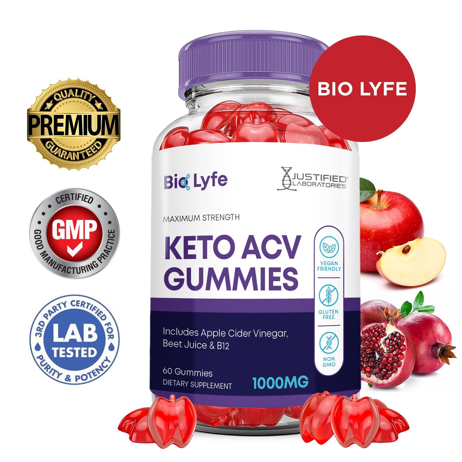 Justified Laboratories Bio Lyfe Keto ACV Gummies ingredients beet-pomegranate visible.