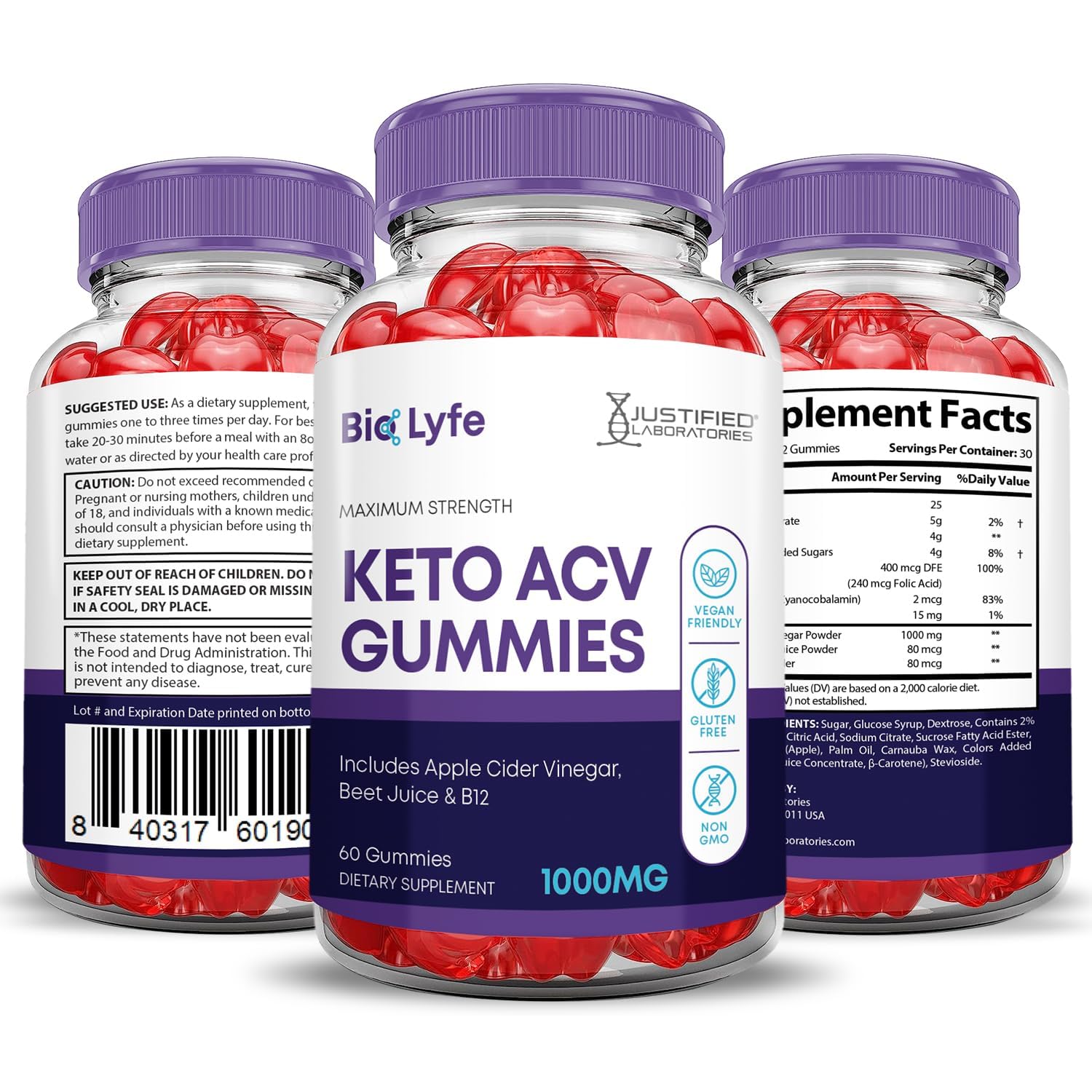 Justified Laboratories Bio Lyfe Keto ACV Gummies vegan, non-GMO, gluten-free ingredients