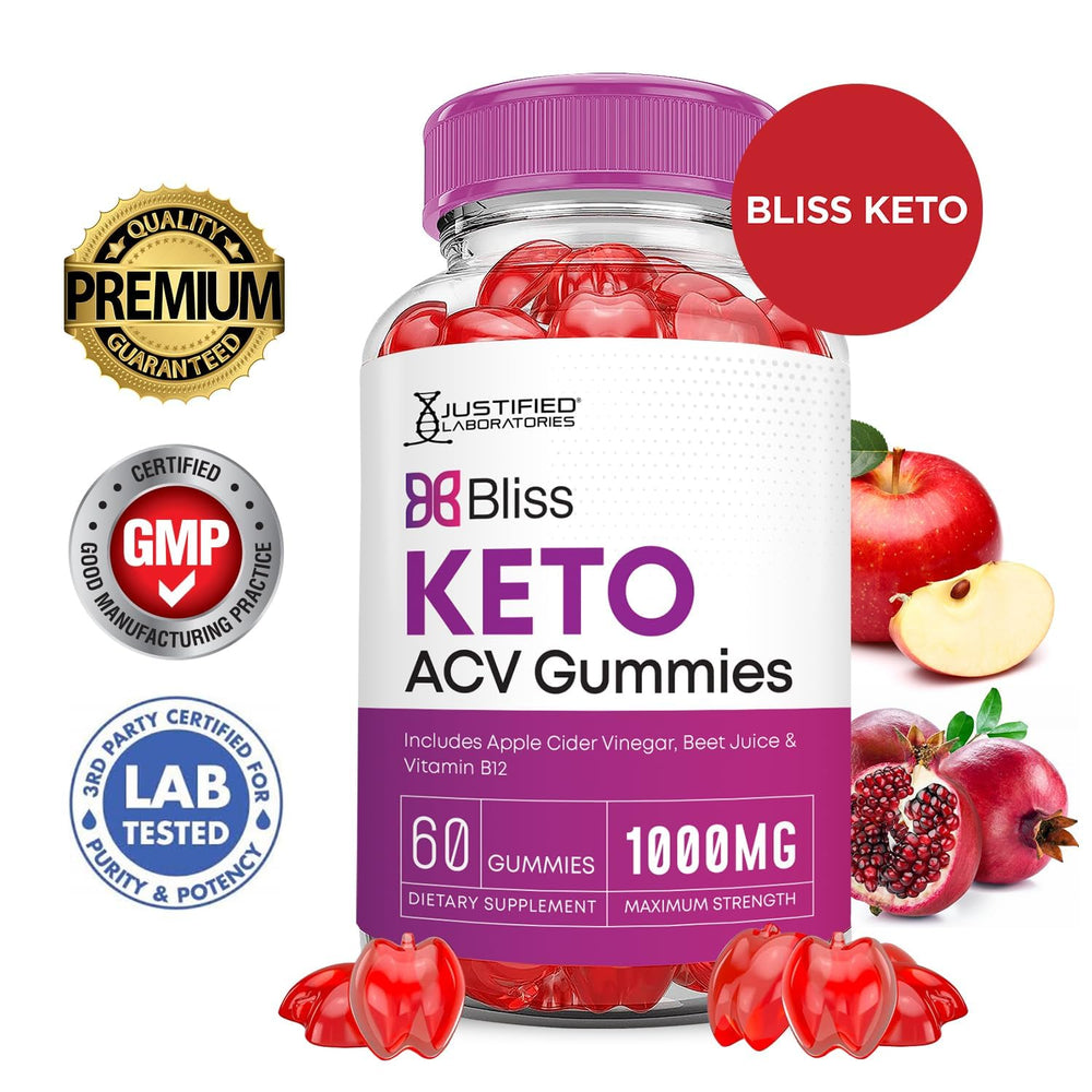 Justified Laboratories Bliss Keto ACV Gummies beet pomegranate blend highlights natural flavor and chewy texture.