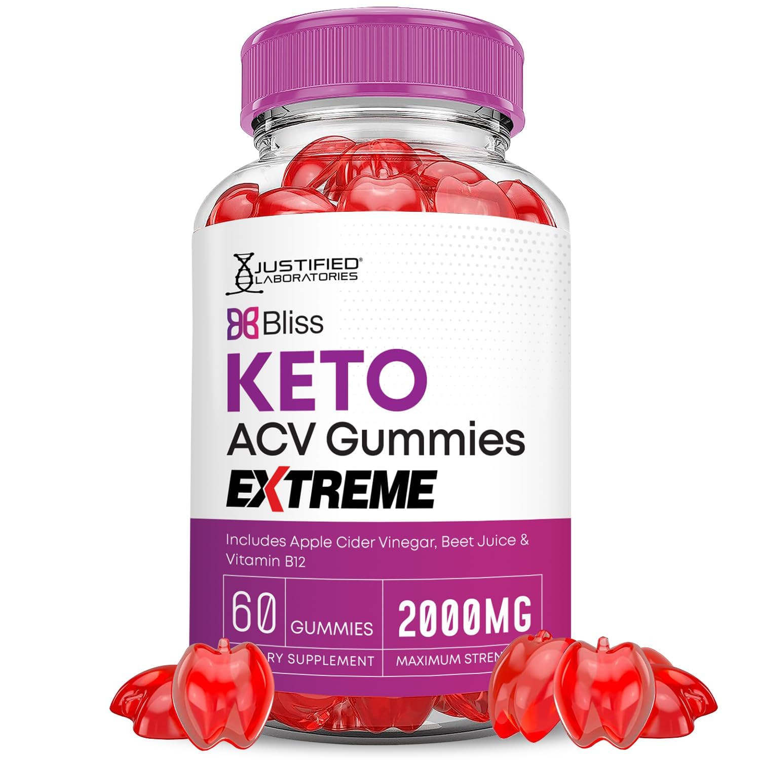 Justified Laboratories Bliss Keto ACV Gummies beet and pomegranate ingredients highlight nutrition.
