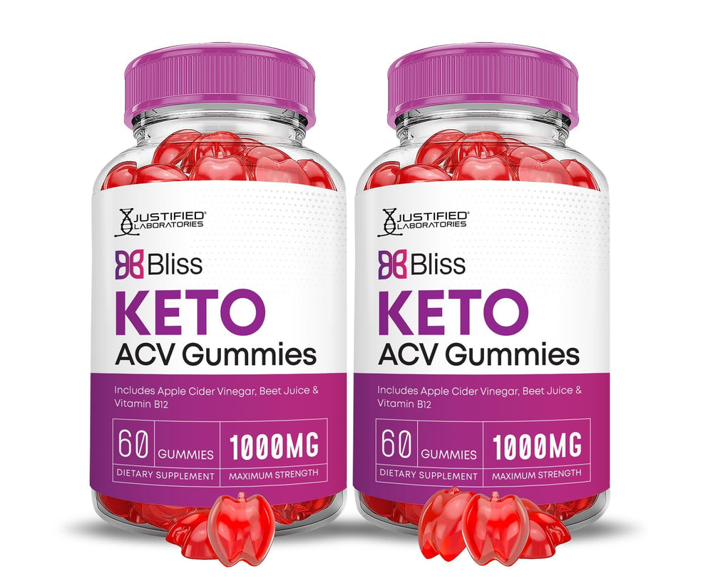 Justified Laboratories Bliss Keto ACV Gummies front packaging in a 2-pack for easy daily use.