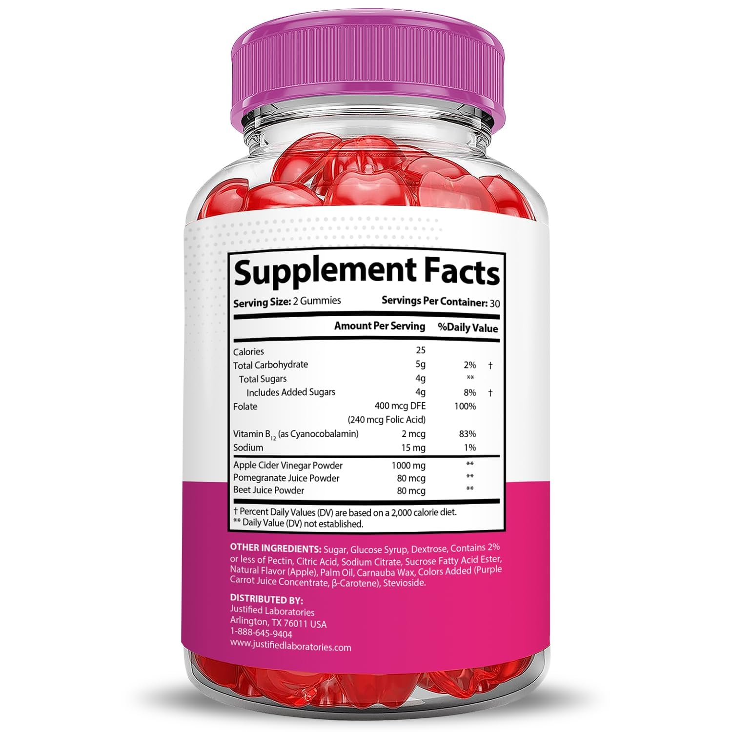 Justified Laboratories Bliss Keto ACV Gummies ingredients panel highlights beet juice, pomegranate, and B12 benefits.