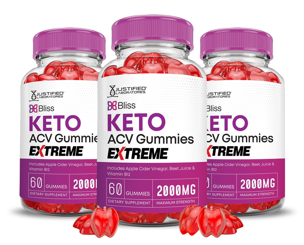 Justified Laboratories Bliss Keto ACV Gummies pack front showing vibrant fruit flavors.