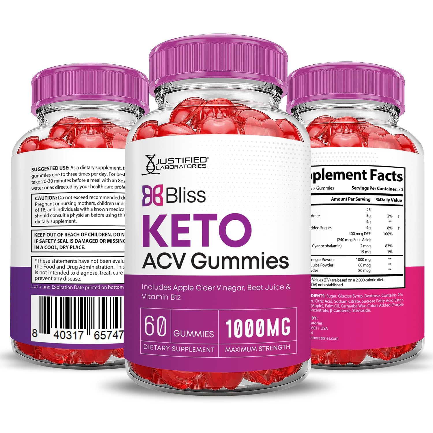 Justified Laboratories Bliss Keto ACV Gummies close-up of texture shows soft, chewy bite.