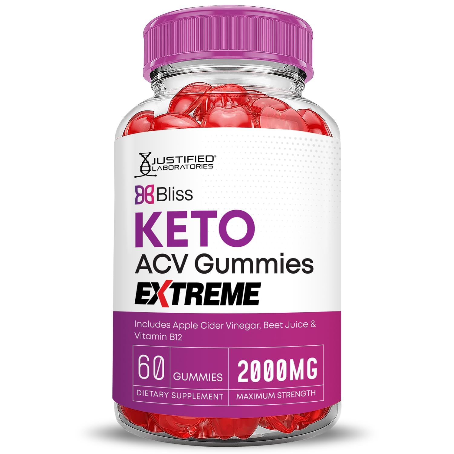 Justified Laboratories Bliss Keto ACV Gummies vegan non-GMO badge indicating dietary options.
