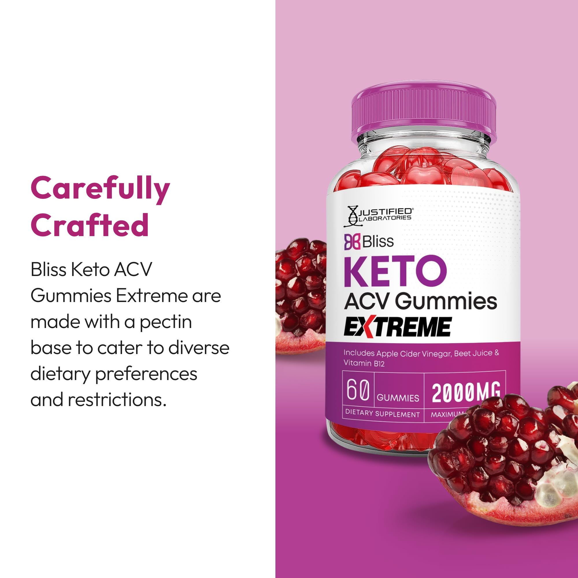 Justified Laboratories Bliss Keto Gomitas, sabor afrutado para un snack diario.