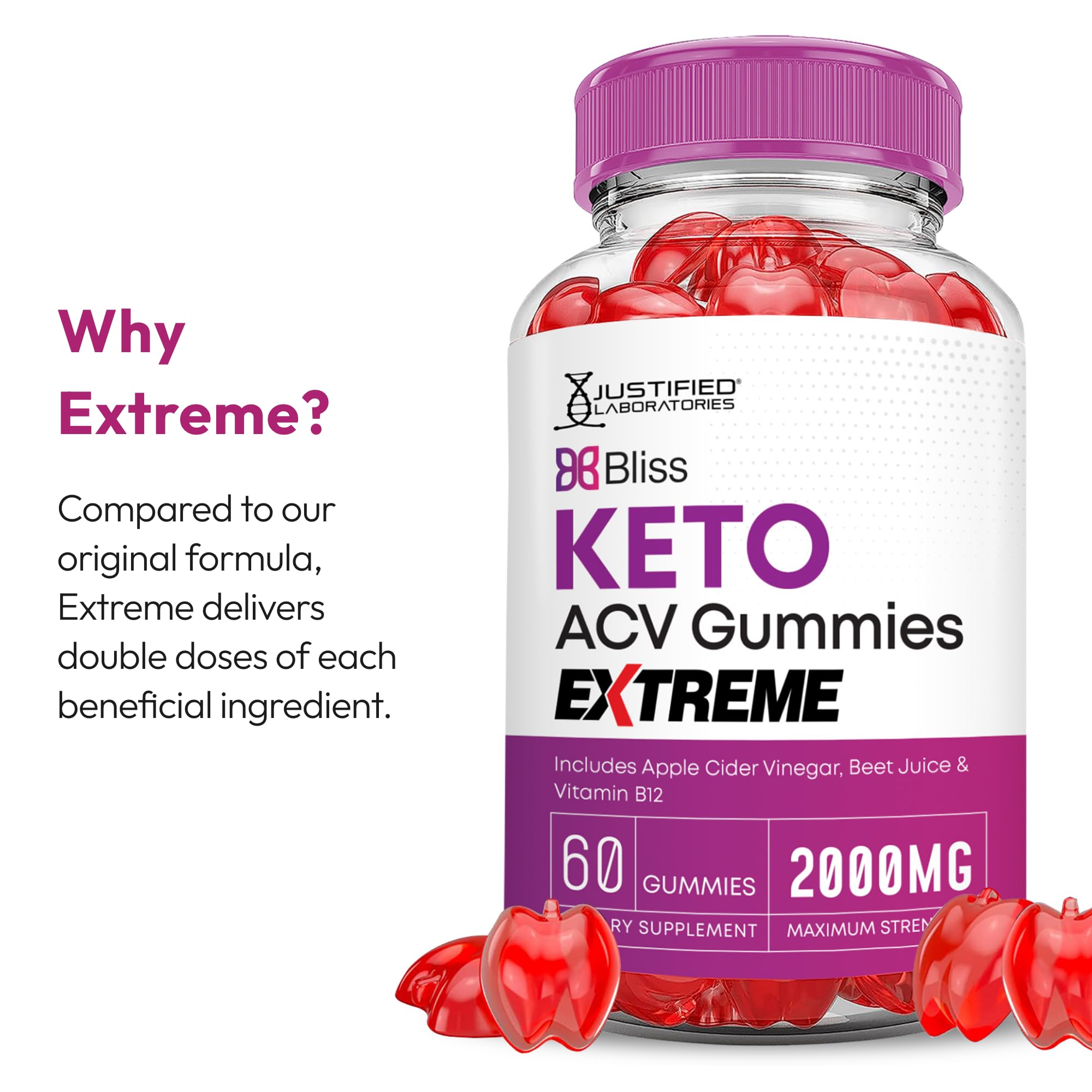 Justified Laboratories Bliss Keto Gomitas, uso diario práctico para llevar.