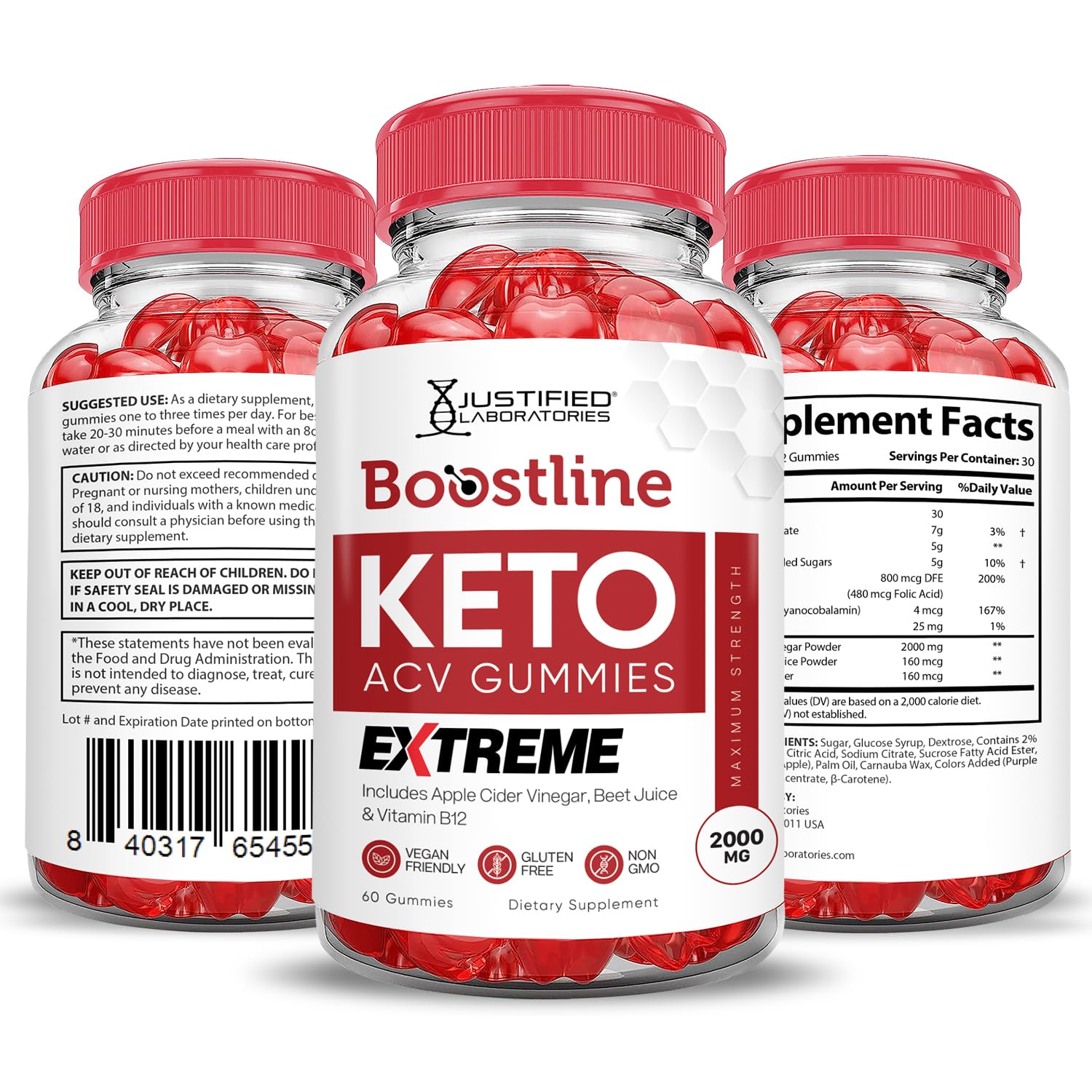 Justified Laboratories Boostline Keto ACV Gummies GMP testing seal and safety information.