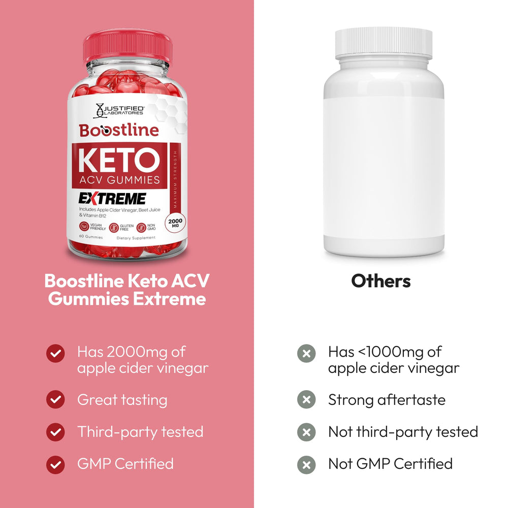 Justified Laboratories Boostline Keto ACV Gummies ingredients panel featuring beet juice and pomegranate.