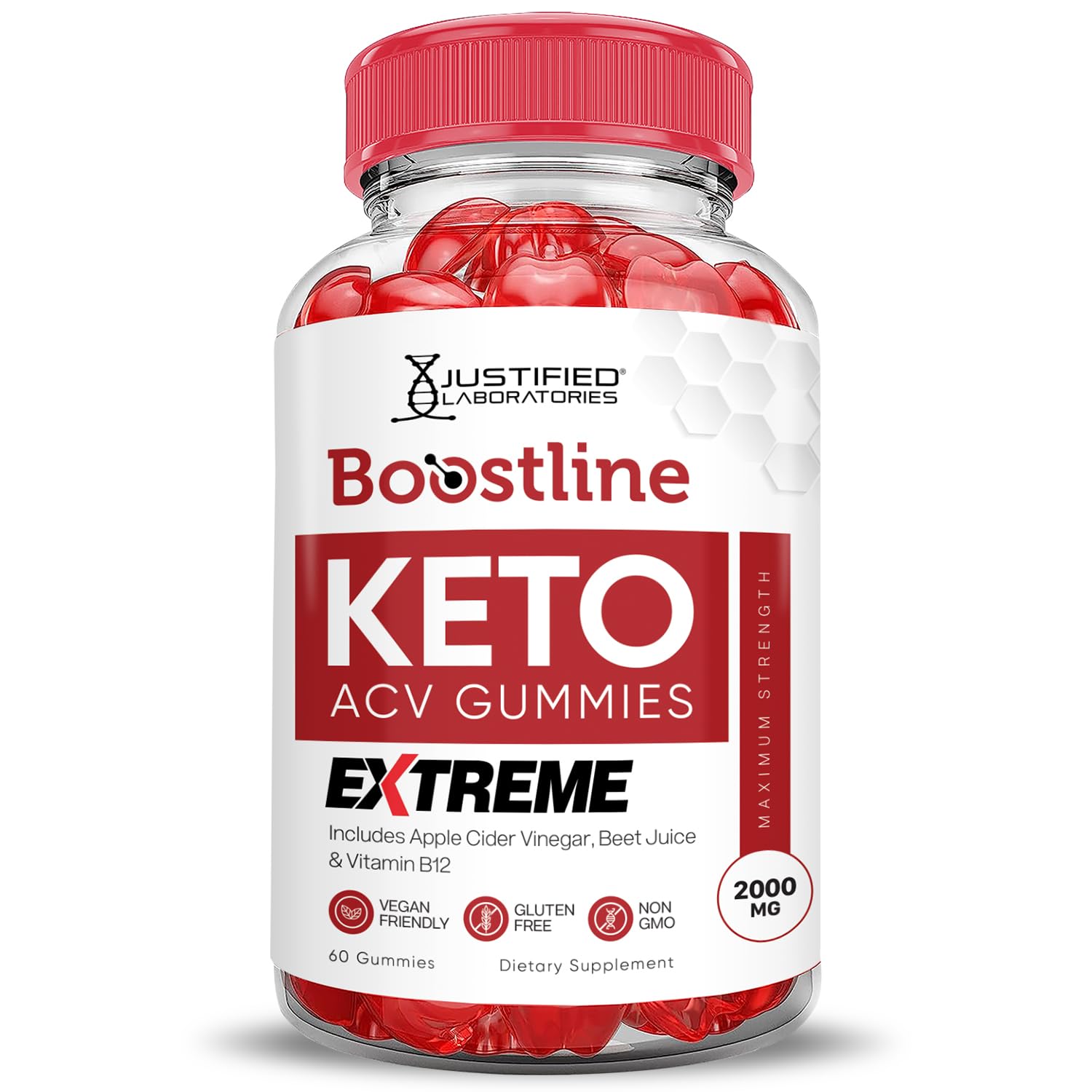 Justified Laboratories Boostline Keto ACV Gummies texture close-up showing pectin-based chewiness.