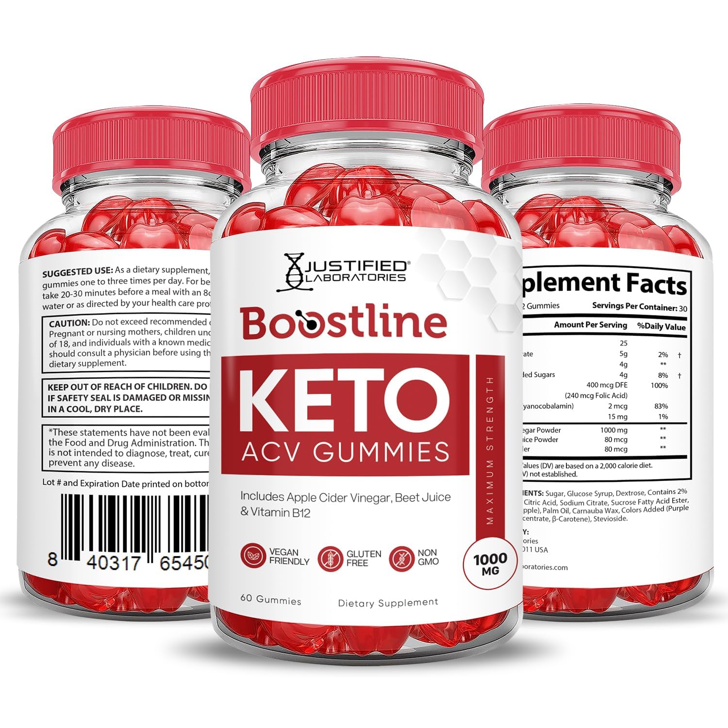 Justified Laboratories Boostline vegan non-GMO gluten-free gummies with GMP manufacturing.