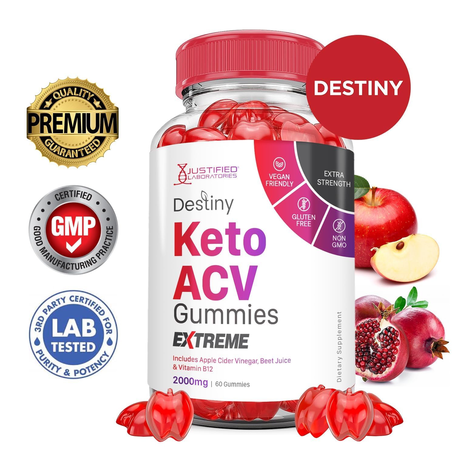 Justified Laboratories Destiny Keto Gummies label highlights vegan non-GMO formula