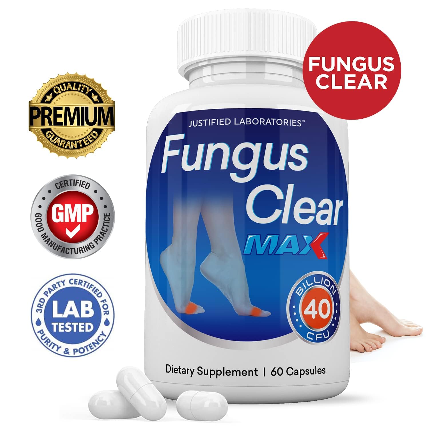Justified Laboratories Fungus Clear Max label closeup displaying 40 billion CFU per capsule