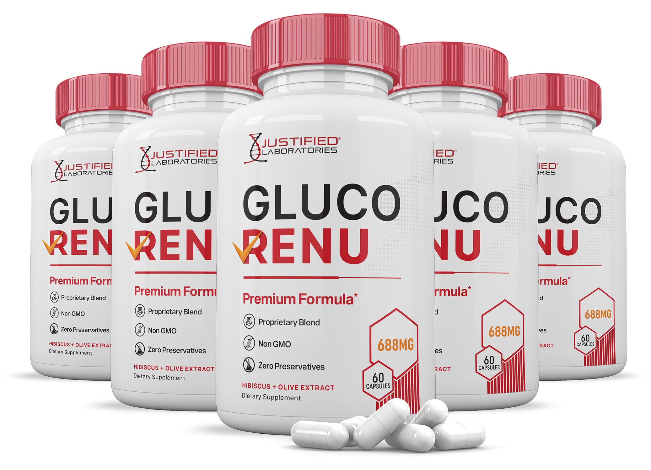 Justified Laboratories Gluco Renu 5-pack bottle for easy daily supplementation.