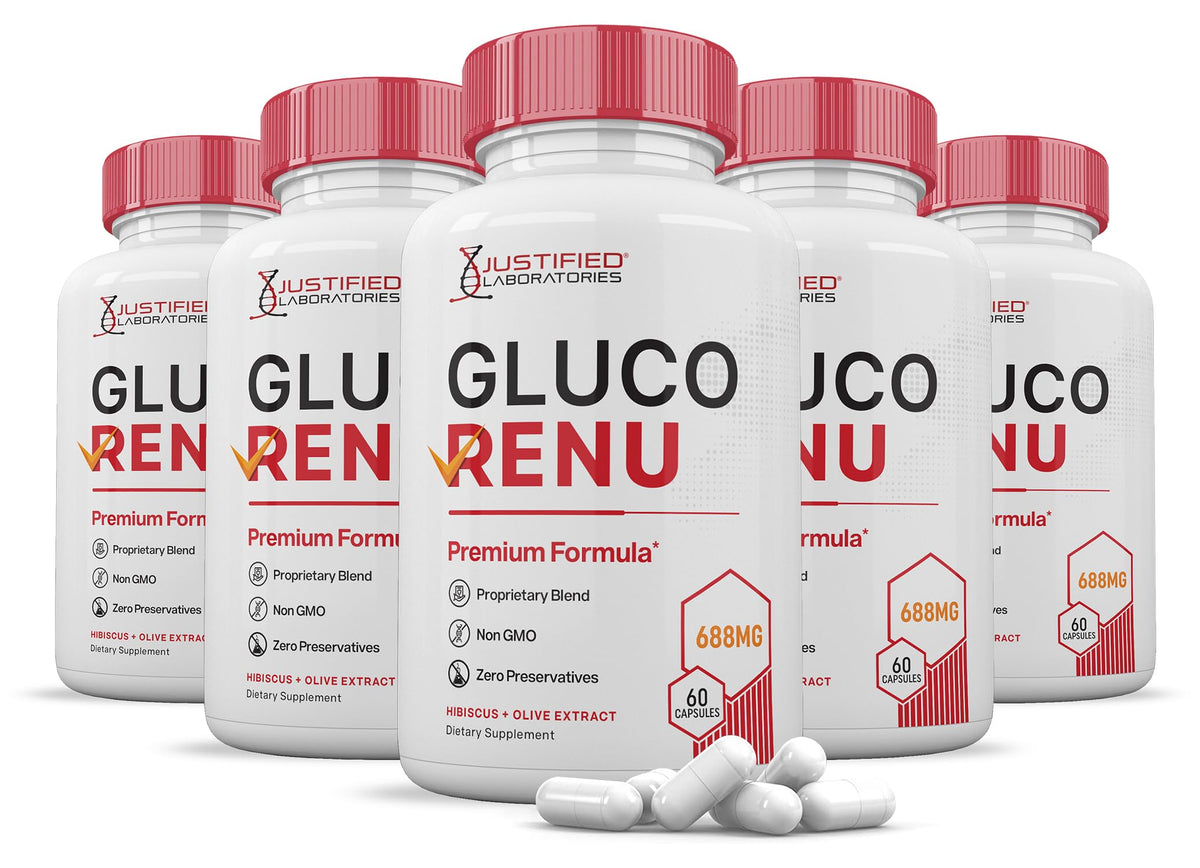 Justified Laboratories Gluco Renu 5-pack bottle for easy daily supplementation.
