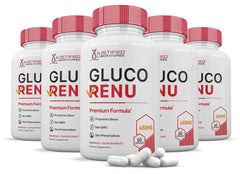Justified Laboratories Gluco Renu 5-pack bottle for easy daily supplementation.