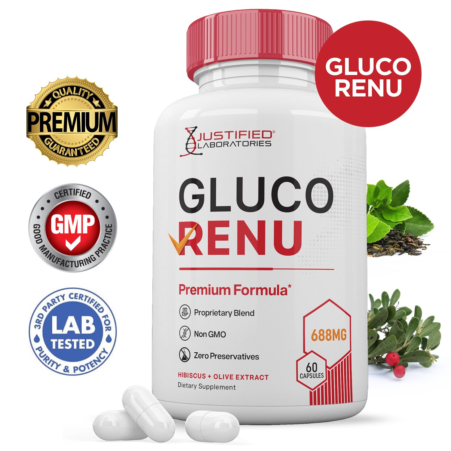 Justified Laboratories Gluco Renu capsules for a simple daily wellness routine.