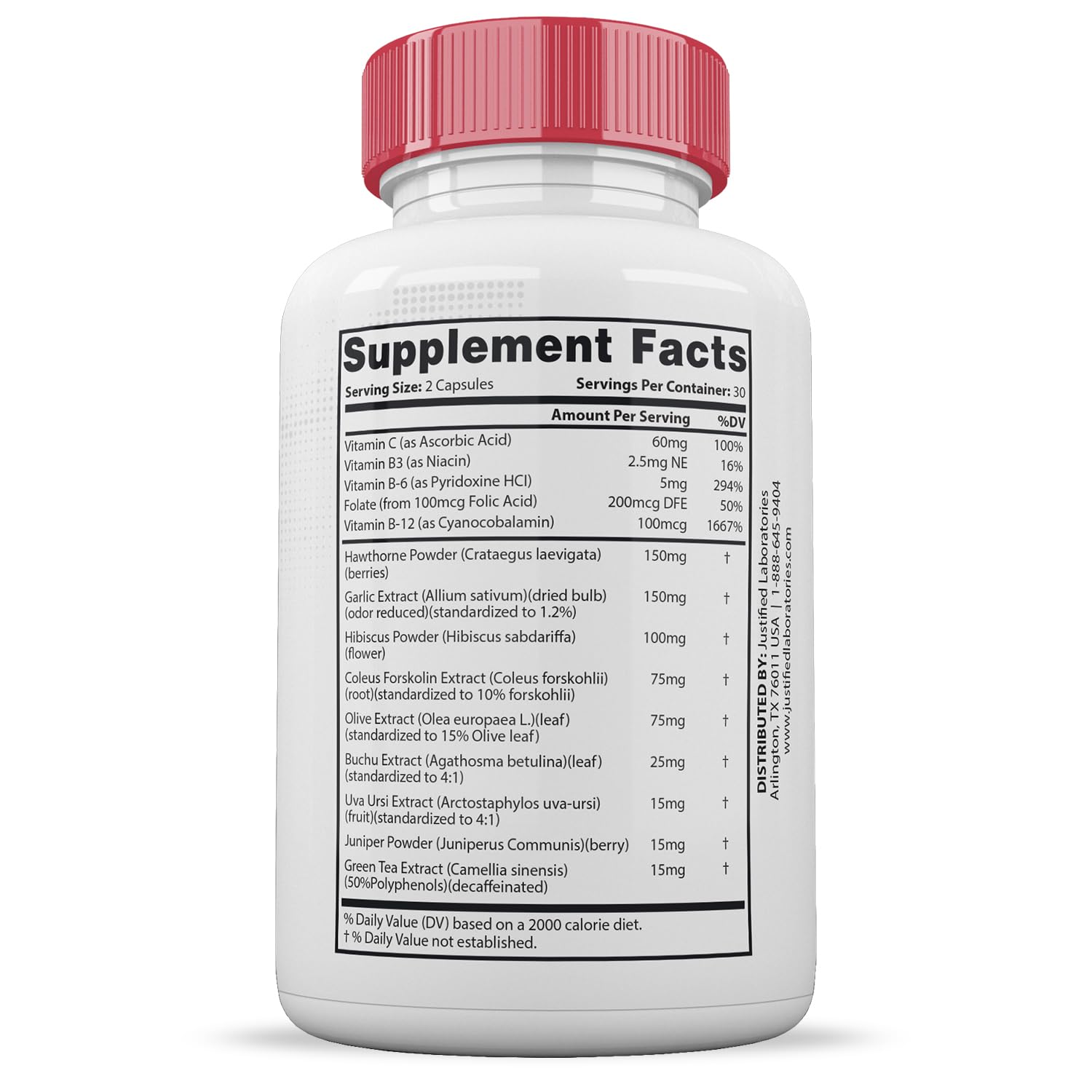 Justified Laboratories Gluco Renu ingredient blend with hawthorn and green tea extract.