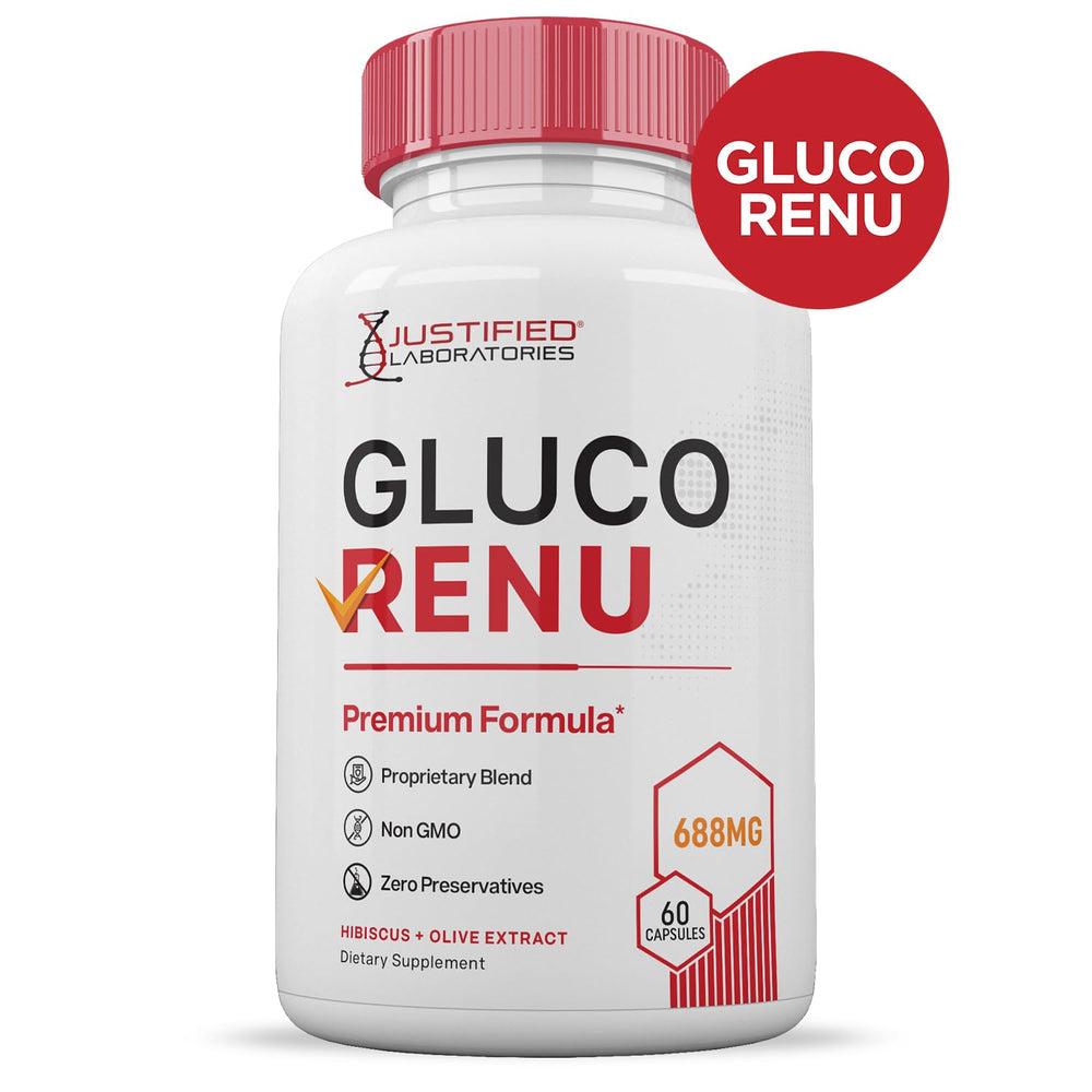 Justified Laboratories Gluco Renu label close-up showing premium formula.